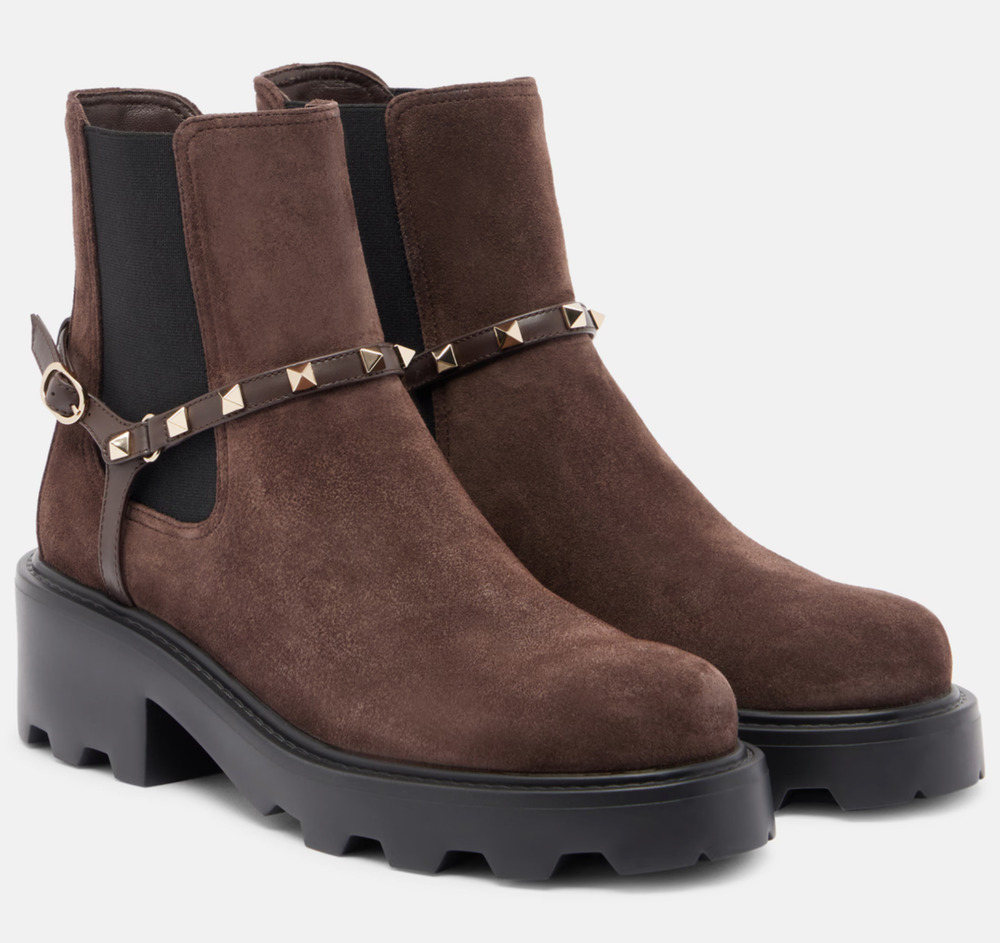 Valentino Rockstud Beatle Brown Suede 55mm Short Ankle Flat Chelsea Boot 39